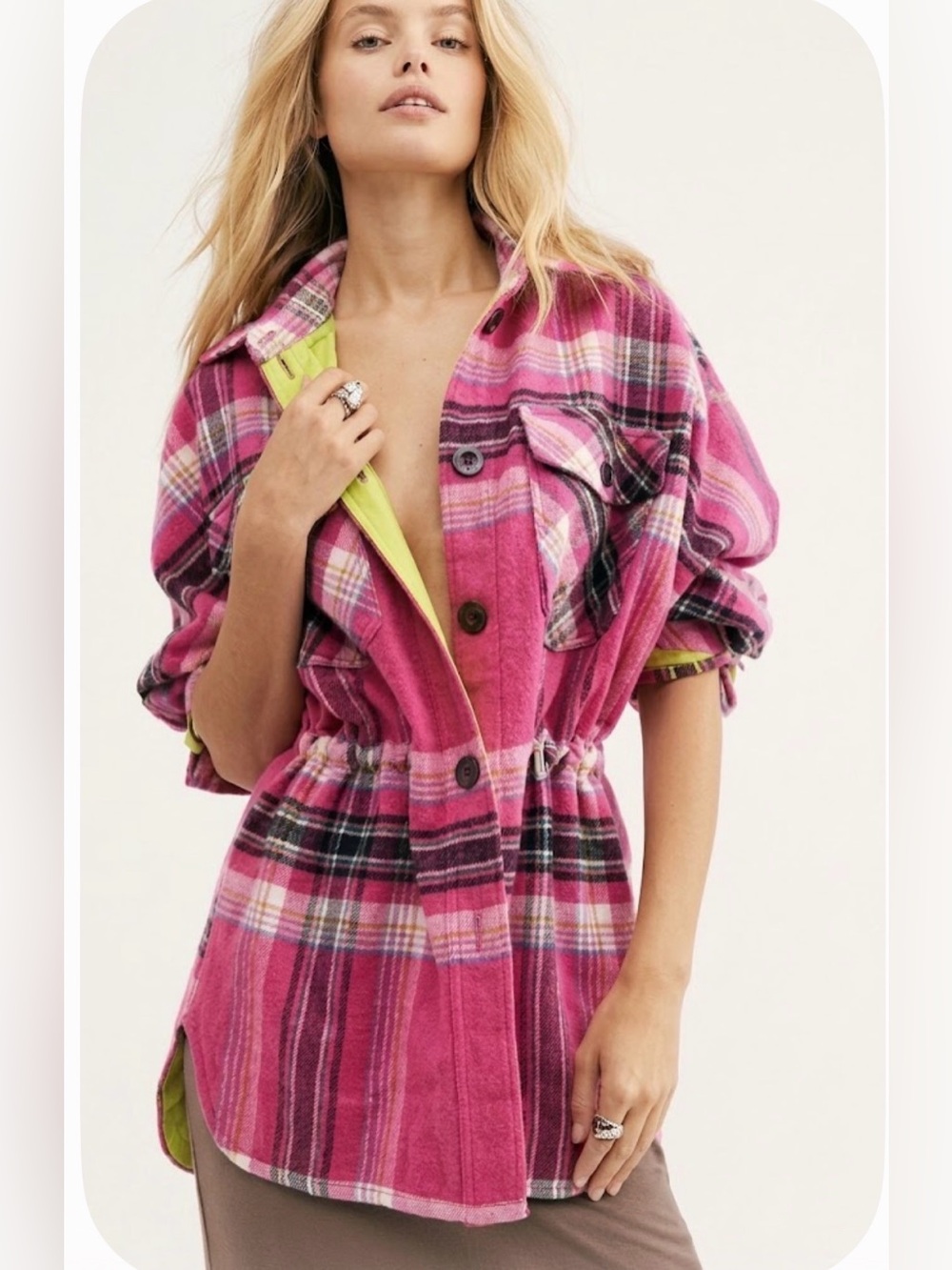 We The Free Free People Down For You Shirt Jacket Hot Pink Plaid Shacket S